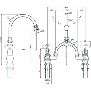 Burlington Claremont 2 Tap hole Arch Mixer with Curved Spout (230mm centres)